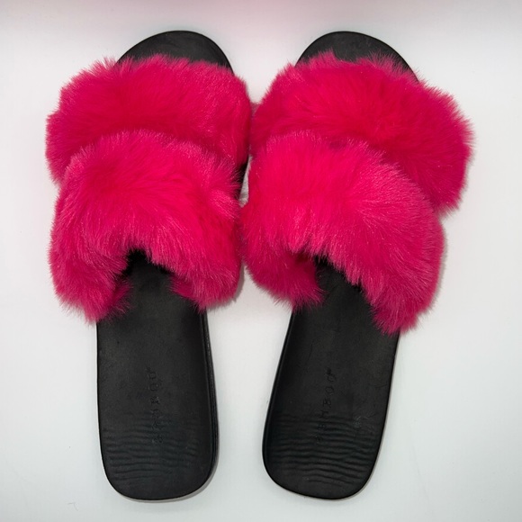 Bamboo Fullmoon15 Furry Double Strap Slide Sandals Hot Pink Size 8.5 New - Picture 5 of 6